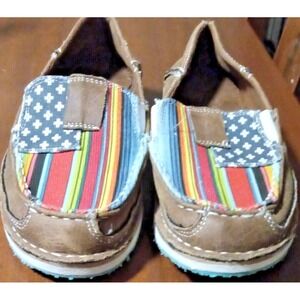 Very G Brown Slip-On Sandals with Multicolor Stripes and Navy Cross Panels
